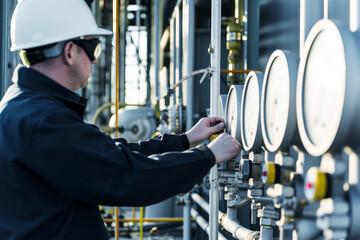 Wall Mural - worker checking pressure gauges at a natural gas processing plant