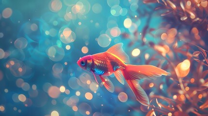 Wall Mural - Close-up of a beautiful glowing goldfish, bokeh background. digital art