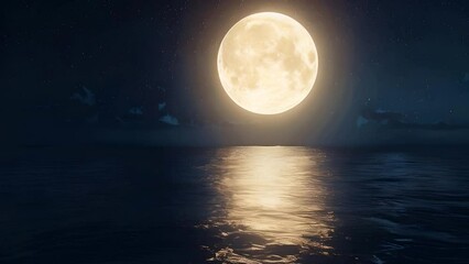 full moon reflected on the sea, stars fill the sky, sea waves motion footage for background