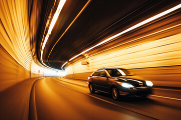 Canvas Print - car driving through tunnel with light streaks around