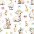 Seamless pattern with vintage rabbits, goose, lamb, chicken, gosling animals and Easter eggs isolated on white background. Watercolor hand drawn illustration sketch