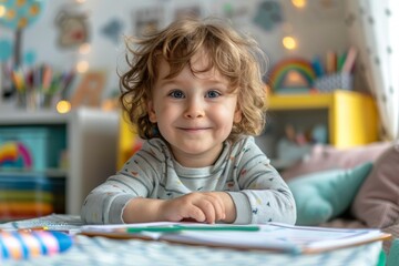 Young Child Reading Book at Table