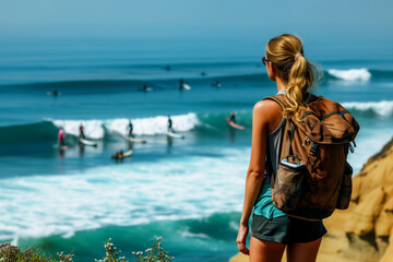 Poster - woman with backpack stands atop cliff, watching surfers in the ocean