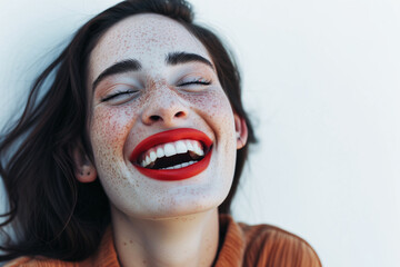 Wall Mural - laughing woman with red lips and freckles