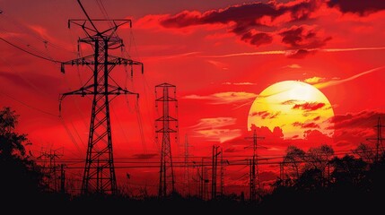 Silhouette of High voltage electric tower on sunset background. Electrical engineer. electrical