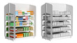 White retail racks made of metal mesh with display of goods, topper and stoppers. 3d illustration set isolated on white