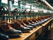 Skilled workers are busy with manufacturing operations at a shoe production facility. The factory floor is filled with machinery and employees collaborating to assemble and package footwear.