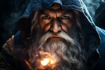 Wall Mural - digital generative ai collage image of old wise wizard doing spell