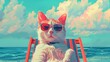 Cat wearing sunglasses relaxing sitting on deckchair in the sea background. vacation and travel concept. digital art, generative ai