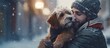 Man Embracing Beloved Dog in Winter Wonderland Snowy Scene