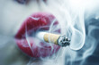 closeup of a cigarette between lips, smoke blowing out
