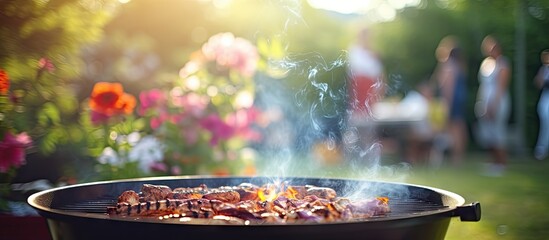 Wall Mural - Sizzling Grill Releases Fragrant Smoke at Summer Garden Barbecue Event