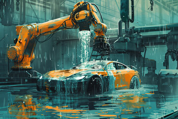 Wall Mural - In a modern factory, a robotic arm pours molten aluminum water into the mold of the future car skeleton