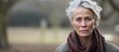 Emotional portrait of elderly lady with grey hair and scarf in a worried expression outdoors
