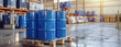 Blue barrel drum on the pallets containing liquid.