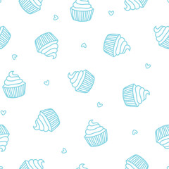 Wall Mural - Seamless pattern with blue cupcakes and hearts