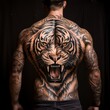 Full back tattoo of a brutal, angry tiger. Close up image of a back with a cool tiger tattoo. A person with a big colored tattoo of a roaring, aggressive animal on a dark background.  AI generated.