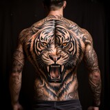 Fototapeta Do pokoju - Full back tattoo of a brutal, angry tiger. Close up image of a back with a cool tiger tattoo. A person with a big colored tattoo of a roaring, aggressive animal on a dark background.  AI generated.