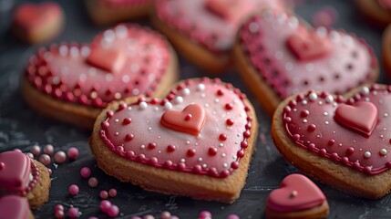 Wall Mural - A collection of heart-shaped cookies adorns a tray, exuding comforting sweetness. Carefully decorated cookies reflecting the love and attention dedicated to their preparation.