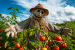 scarecrow with outstretched arms in a field of ripe tomatoes