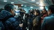 A focused cameraman at work during a press briefing, surrounded by reporters and media personnel