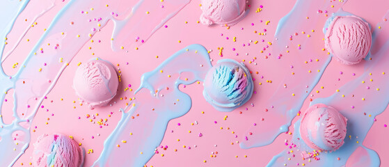 Wall Mural -  ice cream scoops pattern on pastel background with vibrant drips