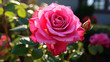 Close up: Pink rose on rose bush.