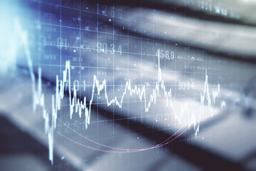 Poster - Multi exposure of virtual abstract financial graph interface on abstract metal background, financial and trading concept