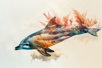 Wall Mural - A graceful dolphin merged with the vibrant colors of a coral reef in a double exposure