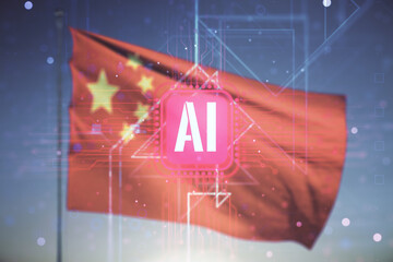 Aufkleber - Double exposure of creative artificial Intelligence icon on flag of China and sunset sky background. Neural networks and machine learning concept