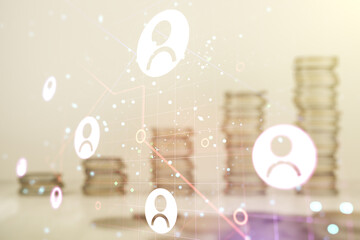 Aufkleber - Double exposure of social network icons hologram on growing coins stacks background. Networking concept