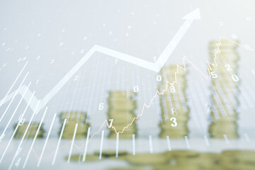 Poster - Abstract virtual financial graph and upward arrow hologram on coins background, financial and trading concept. Multiexposure