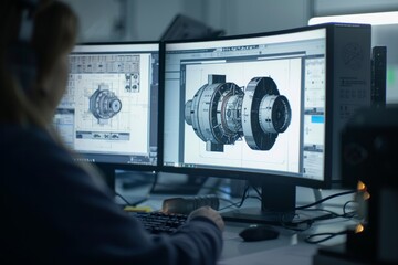 Wall Mural - Engineering design of a machine component on computer screens