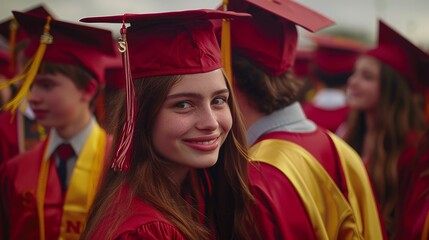 Wall Mural - Smiling Young Woman in Red Graduation Cap and Gown Among Fellows on Graduation Day