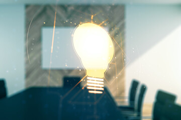 Aufkleber - Abstract virtual light bulb hologram on a modern boardroom background, idea concept. Multiexposure
