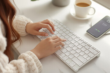Poster - Close-up of a young women hands typing on a white keyboard with a fresh cup of coffee nearby.