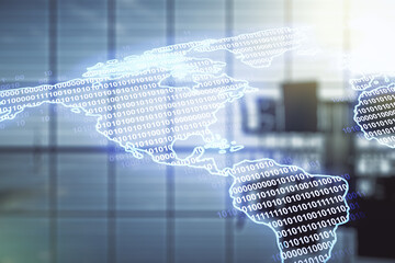 Poster - Virtual digital map of North America on a modern conference room background, international trading concept. Multiexposure