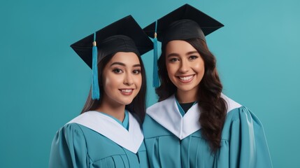 Two young women wearing graduation caps and gowns, smiling against a blue background.