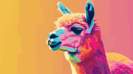 Wall Mural - Colorful digital artwork of a llama with a vibrant, multicolored fur against a dual-tone orange and pink background