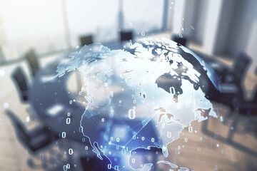 Aufkleber - Double exposure of abstract programming language hologram and world map on a modern meeting room background, research and development concept