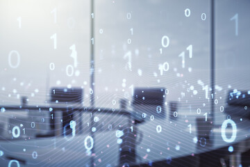 Aufkleber - Abstract virtual binary code illustration on a modern conference room background. Big data and coding concept. Multiexposure
