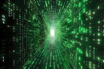 Poster - Green digital code tunnel. Cybersecurity and virtual reality.  Global connection concept. Big data, network visualization, blockchain, web. Future digital technology. Ai and neural networks