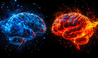 Poster - Digital illustration of two human brains in contrasting red and blue hues with network connections, representing the concept of artificial intelligence and cognitive science