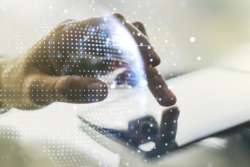 Poster - Multi exposure of abstract creative digital world map and finger presses on a digital tablet on background, research and analytics concept