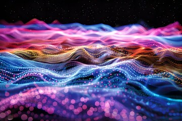 Poster - Colorful digital landscape with glowing dots. Abstract neon wave background. Global connection concept. Big data, network visualization, blockchain, web. Future digital technology. Ai, neural network