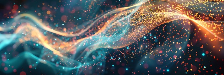 Poster - Abstract digital wave with golden particles. Global connection concept. Big data, network visualization, blockchain, web. Future digital technology. Ai and neural networks
