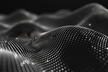 Poster - Abstract black and white wave pattern with particles. Global connection concept. Big data, network visualization, blockchain, web. Future digital technology. Ai and neural networks