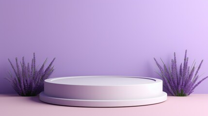 Poster - Round Cylindrical Pastel Purple Minimalistic Podium with Lavender for branding, promotion, presentation of Cosmetics, product. Stage, Horizontal Banner, Pedestal, Platform, Showcase with copy space.