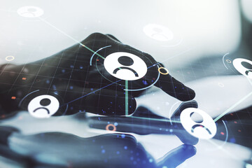 Poster - Double exposure of social network icons concept and hand working with a digital tablet on background. Networking concept
