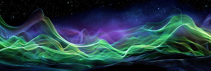 Poster - Ethereal green and purple northern lights digital illustration. Fantasy and sci-fi concept. Design for background, wallpaper.